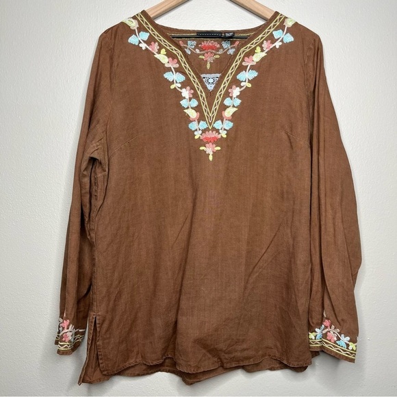 Women 100% Linen Top XL Brown Embroidered Popover. Coastal Lagenlook Lagum - Picture 1 of 8